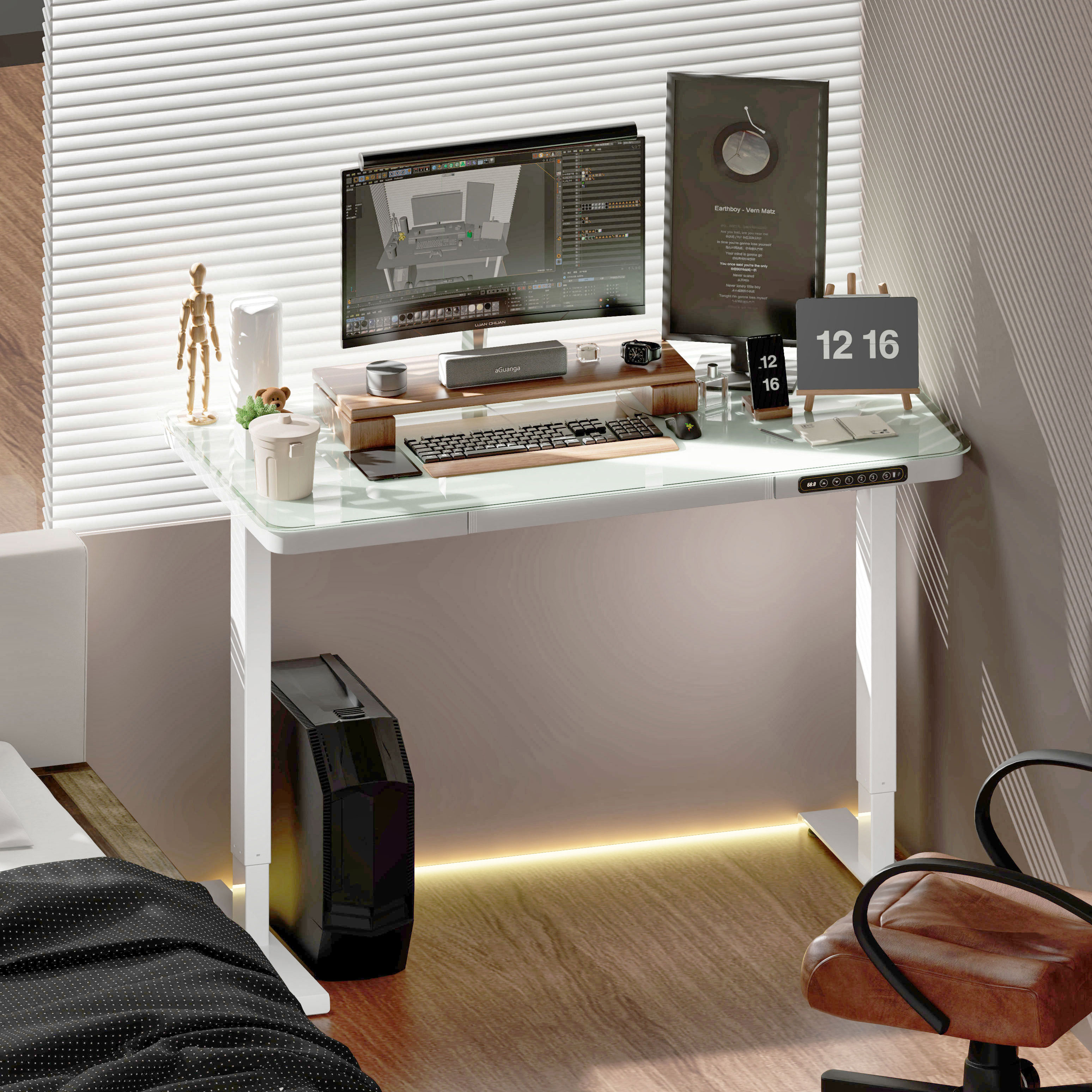 Escritorio de pie con tapa de cristal ajustable en altura para oficina en casa, color blanco, con cajón